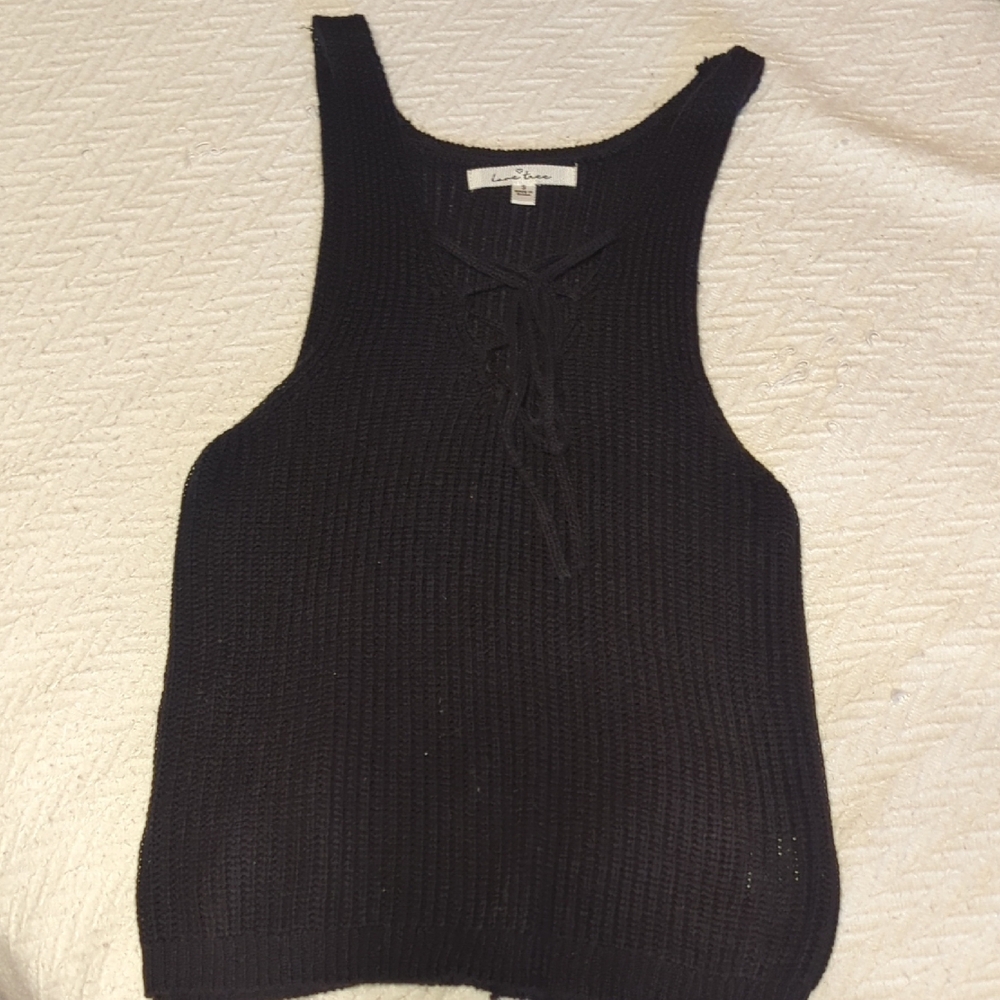 Love Tree Black Knit Top with Lace-Up Detail